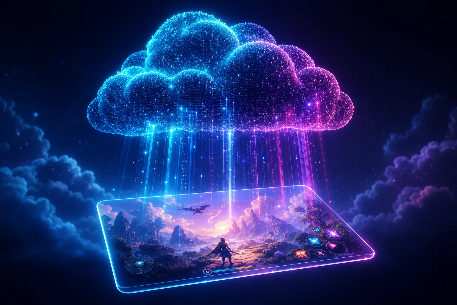 A luminous data cloud streaming a game onto a glass tablet
