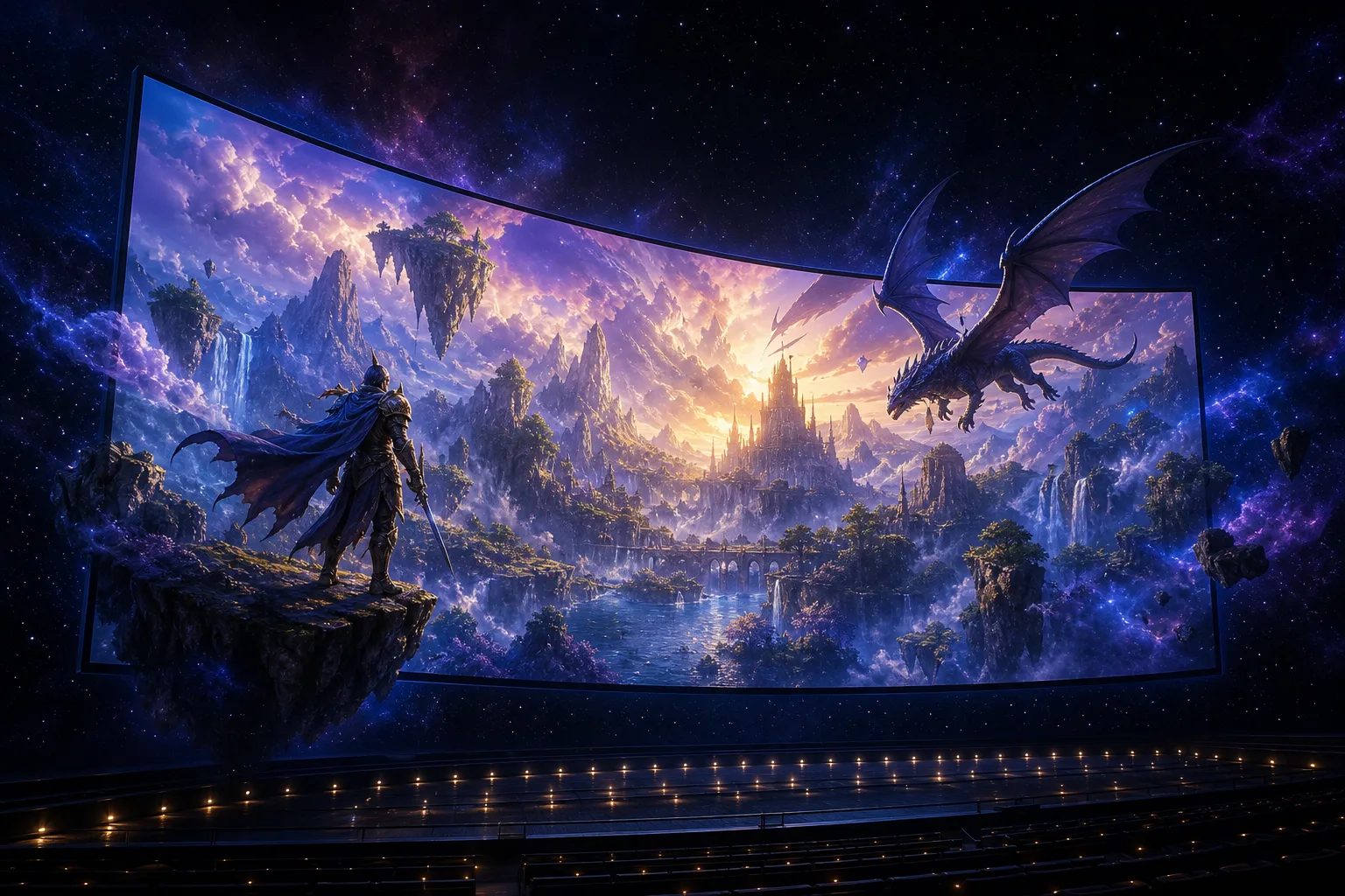 Giant curved IMAX screen floating in space